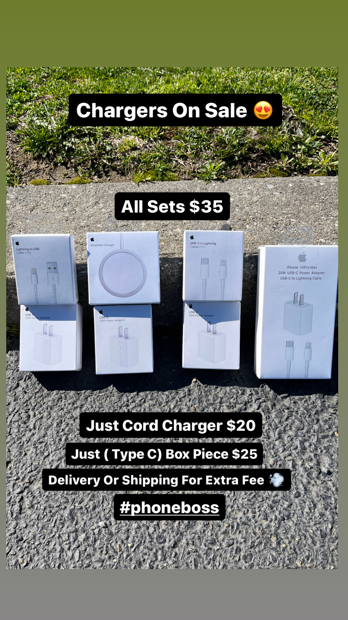 Phone chargers and cables displayed outdoors