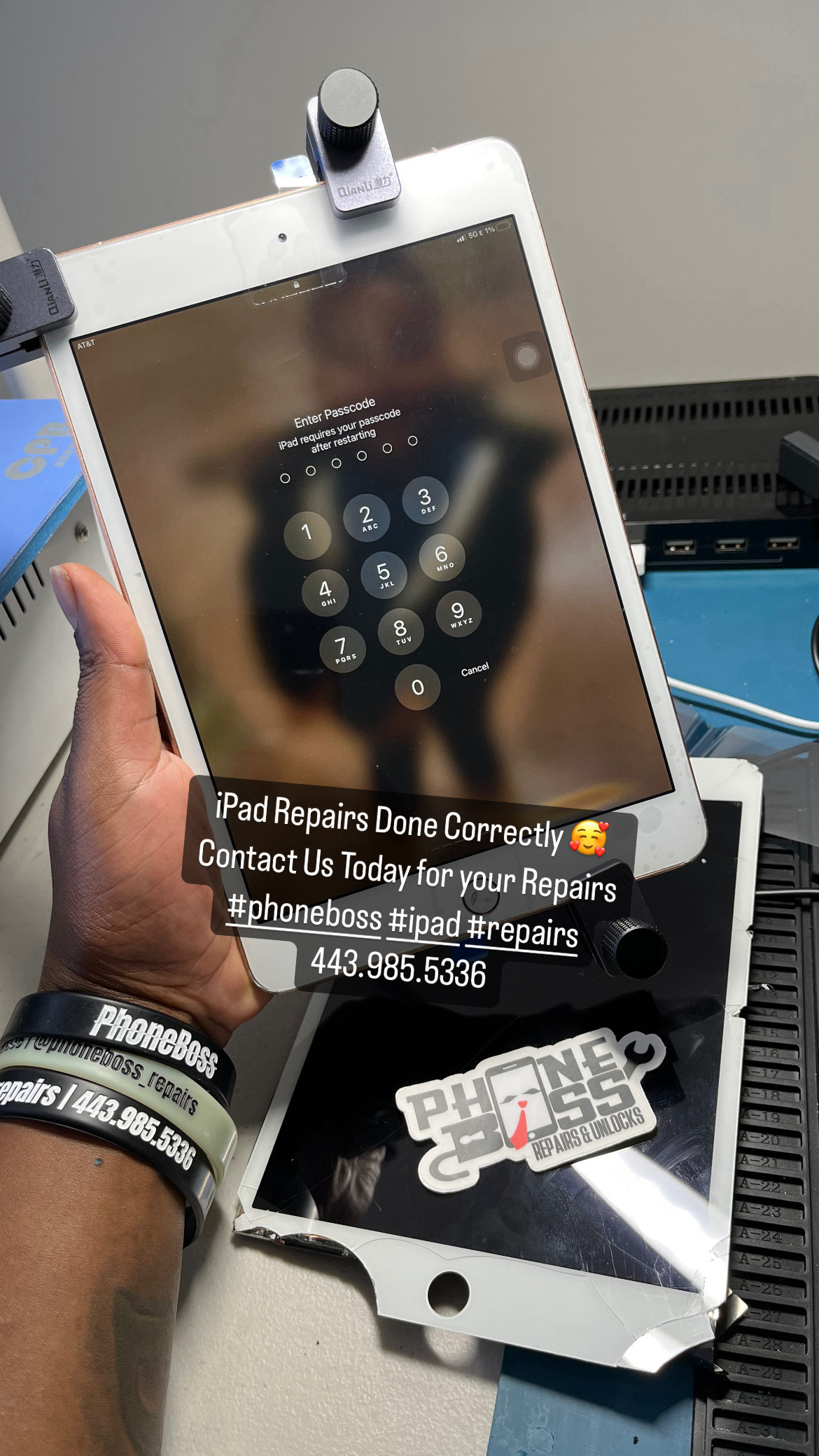 Tablet repair at a PhoneBoss workbench