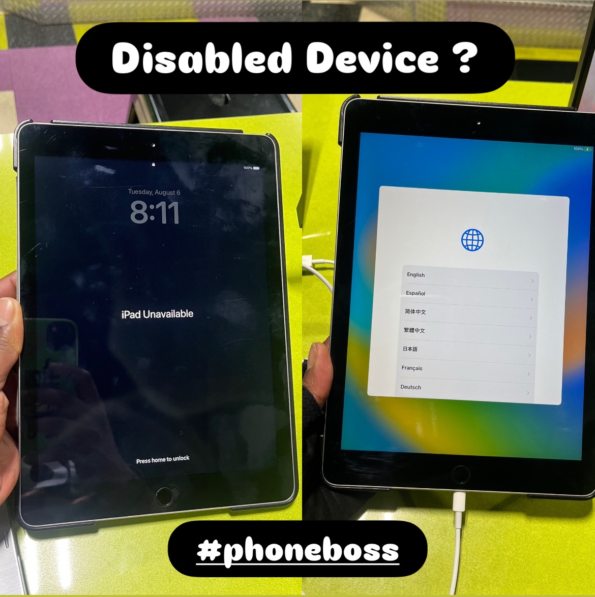 Two disabled iPads connected for service