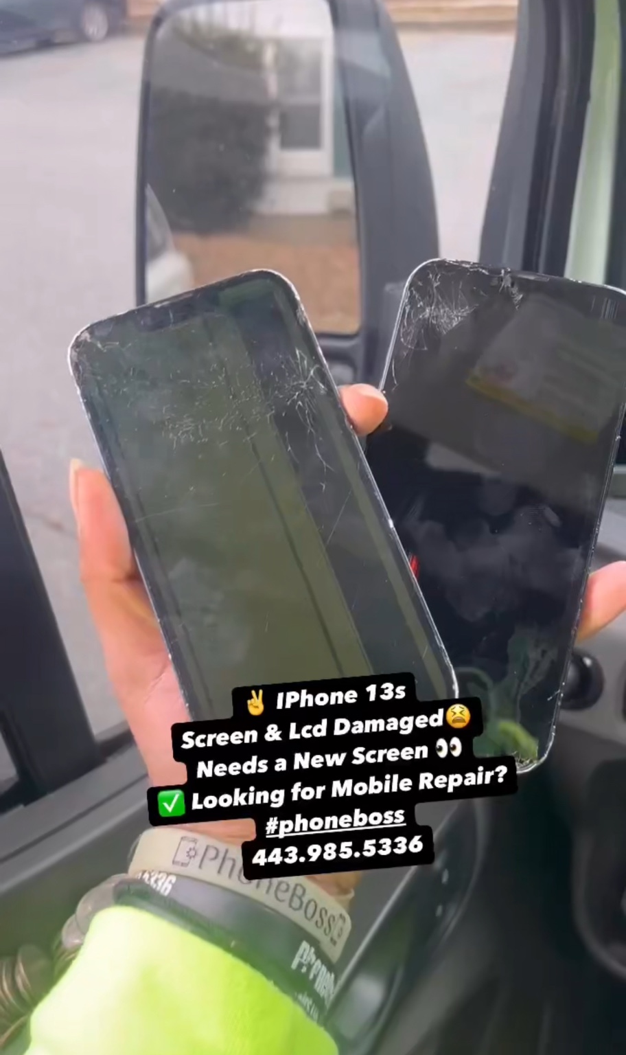 Two damaged iPhone 13 screens ready for repair